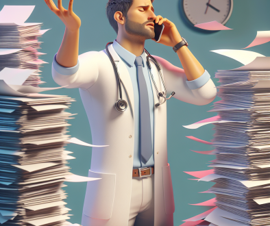 Physician surrounded by paperwork physician in chaoe