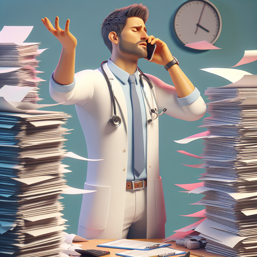 Physician surrounded by paperwork physician in chaoe