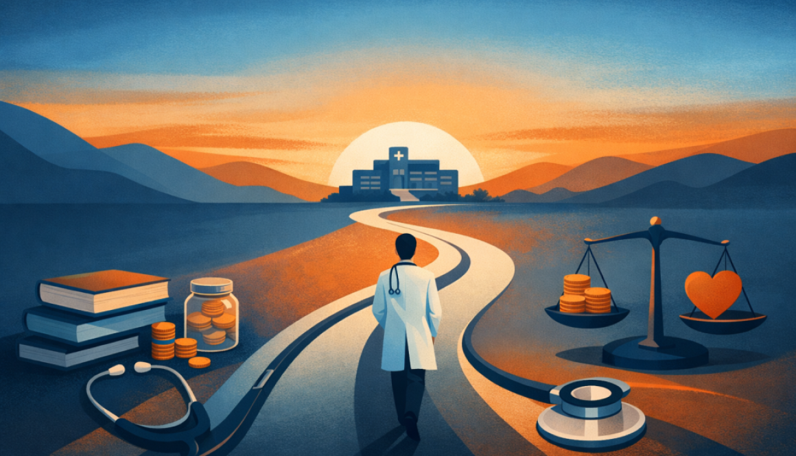 Doctor walking toward a hospital along a winding path with symbols of debt, education, and balance