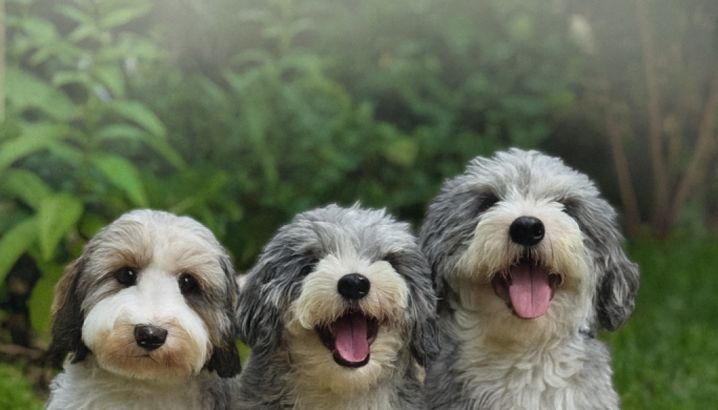 Dog-dad_doctor-dog-owner_ Three fluffy, tricolor dogs sitting happily on a stone path in a garden with soft greenery in the background. Overlaid text reads “Dog Dad Favorites – Finding Joy One Wag at a Time.