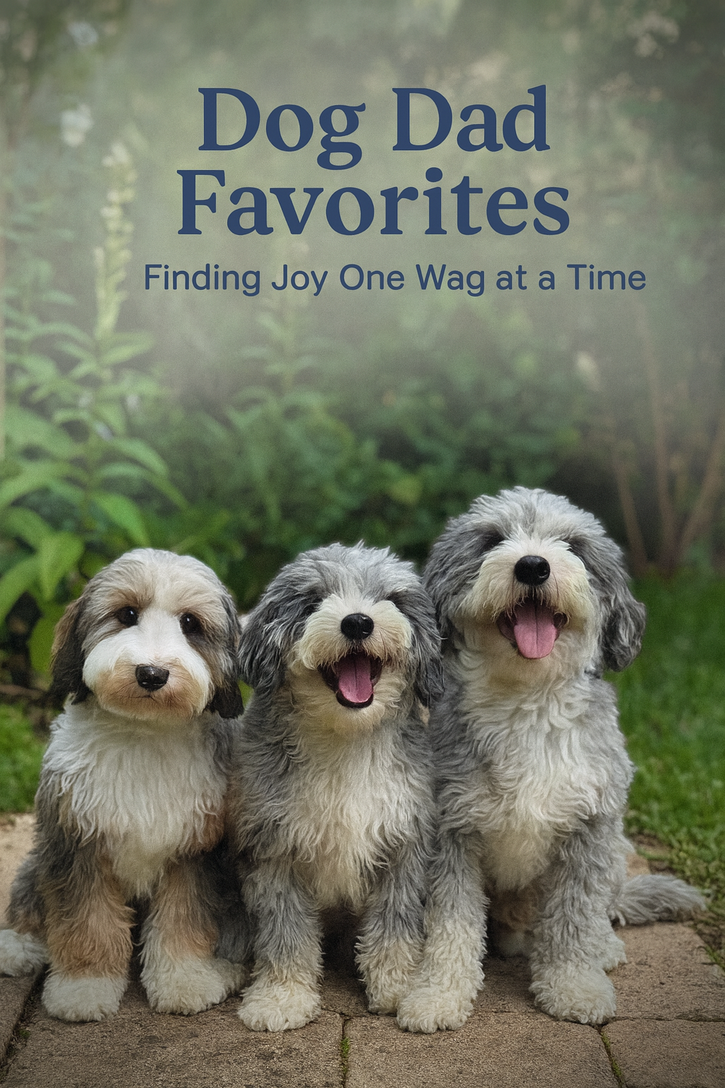 Three fluffy, tricolor dogs sitting happily on a stone path in a garden with soft greenery in the background. Overlaid text reads “Dog Dad Favorites – Finding Joy One Wag at a Time.