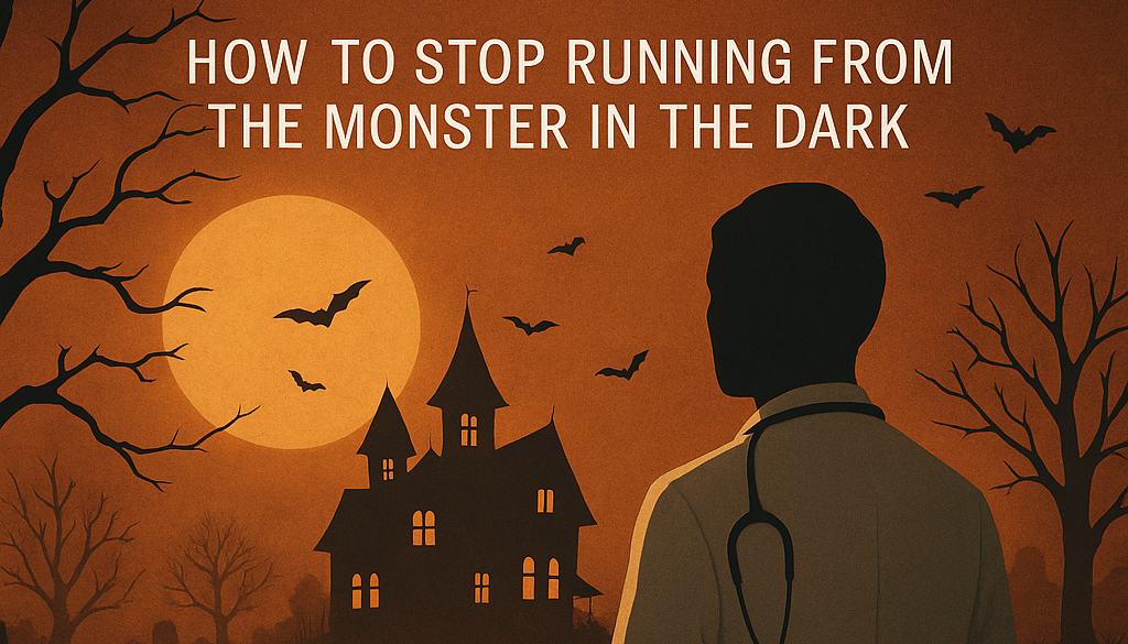 Fear_the-developing-doctor_career-growth_halloween A silhouetted physician with a stethoscope stands before a haunted house under a full moon, symbolizing courage in facing fear and the unseen challenges of medicine.