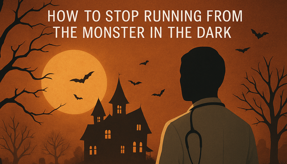 A silhouetted physician with a stethoscope stands before a haunted house under a full moon, symbolizing courage in facing fear and the unseen challenges of medicine.