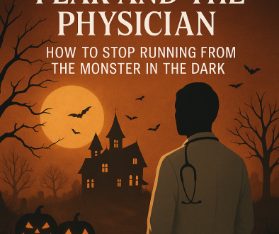 Fear_the-developing-doctor_career-growth_halloween A silhouetted physician with a stethoscope stands before a haunted house under a full moon, symbolizing courage in facing fear and the unseen challenges of medicine.