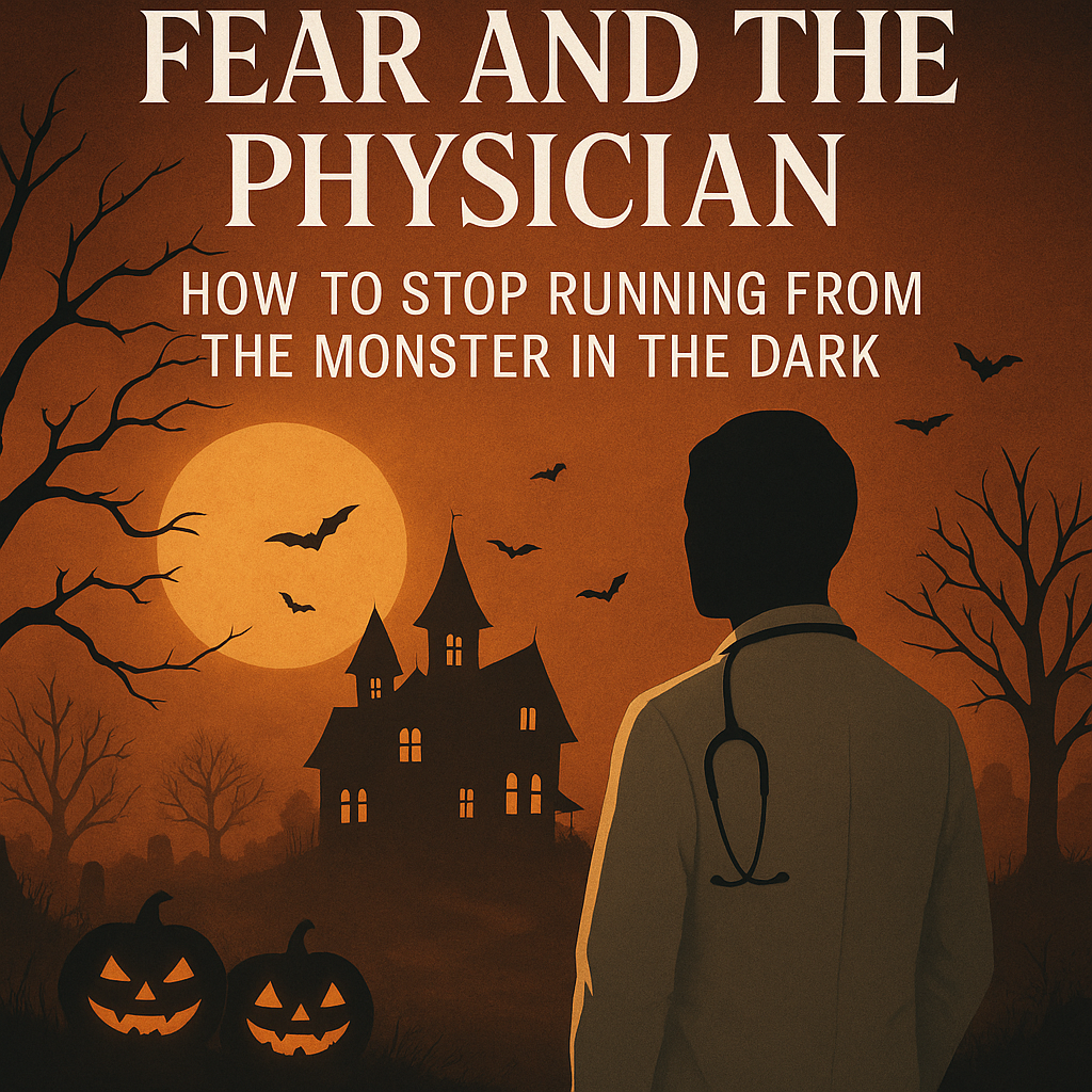 A silhouetted physician with a stethoscope stands before a haunted house under a full moon, symbolizing courage in facing fear and the unseen challenges of medicine.