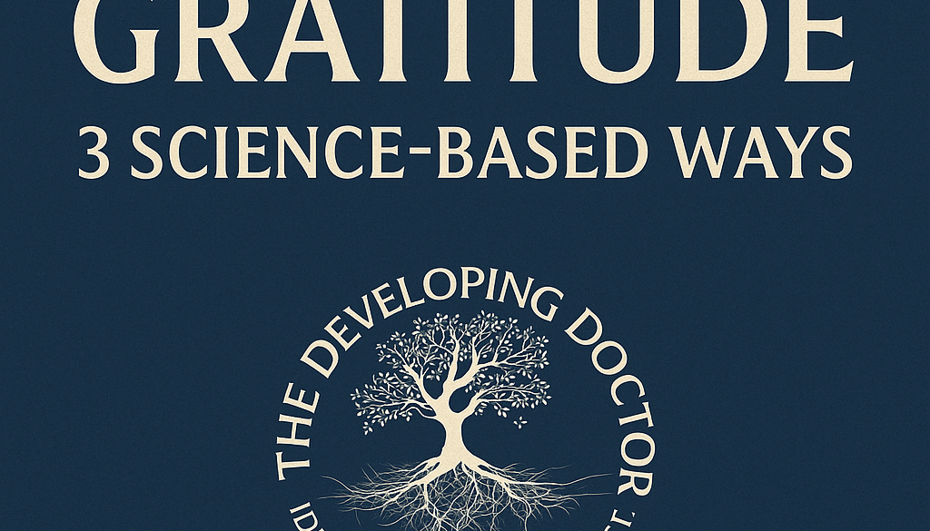Graphic with dark blue background displaying the title “How to Practice Gratitude: 3 Science-Based Ways” and The Developing Doctor logo featuring a white tree with roots and the words “Identify. Act. Reconnect.”