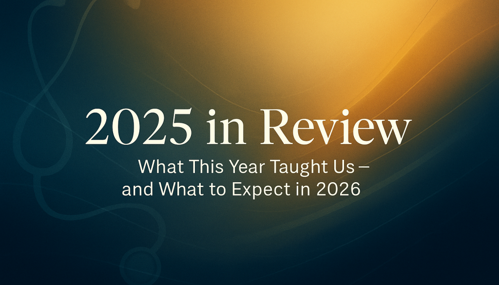 Abstract navy and gold blog header with soft gradient lines and subtle glowing accents, featuring the text “2025 in Review” and “What This Year Taught Us — and What to Expect in 2026.”