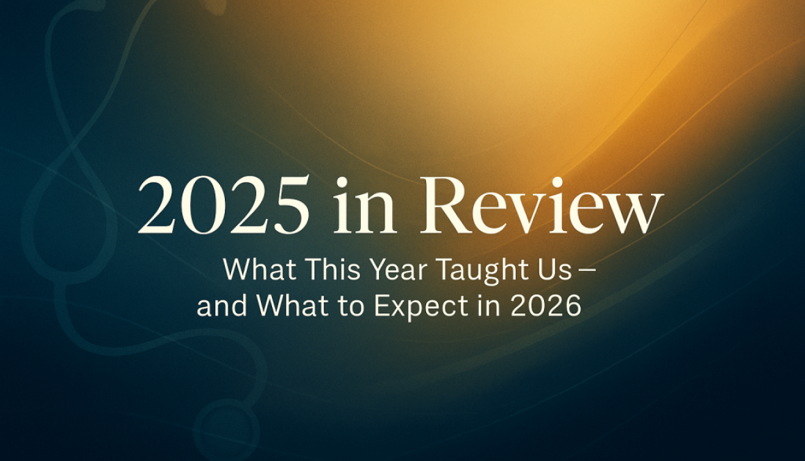 Abstract navy and gold blog header with soft gradient lines and subtle glowing accents, featuring the text “2025 in Review” and “What This Year Taught Us — and What to Expect in 2026.”