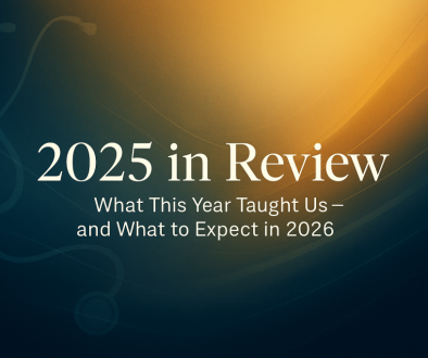Abstract navy and gold blog header with soft gradient lines and subtle glowing accents, featuring the text “2025 in Review” and “What This Year Taught Us — and What to Expect in 2026.”