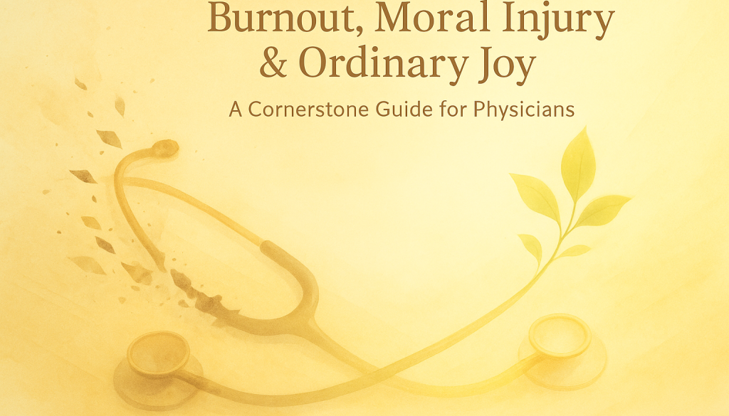 A stethoscope lying on a wooden desk, with one end dissolving into ash and smoke while the other transforms into green leaves, symbolizing the path from physician burnout and moral injury toward renewal and ordinary joy.