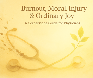 A stethoscope lying on a wooden desk, with one end dissolving into ash and smoke while the other transforms into green leaves, symbolizing the path from physician burnout and moral injury toward renewal and ordinary joy.