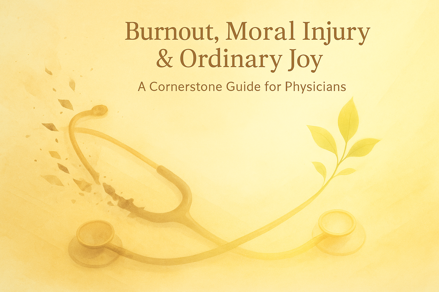 A stethoscope lying on a wooden desk, with one end dissolving into ash and smoke while the other transforms into green leaves, symbolizing the path from physician burnout and moral injury toward renewal and ordinary joy.