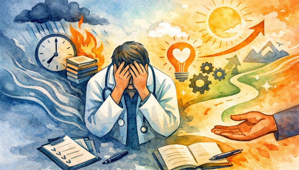 Abstract illustration of a physician experiencing burnout, transitioning from dark, chaotic imagery to warm symbols of support, growth, and renewed purpose through coaching.