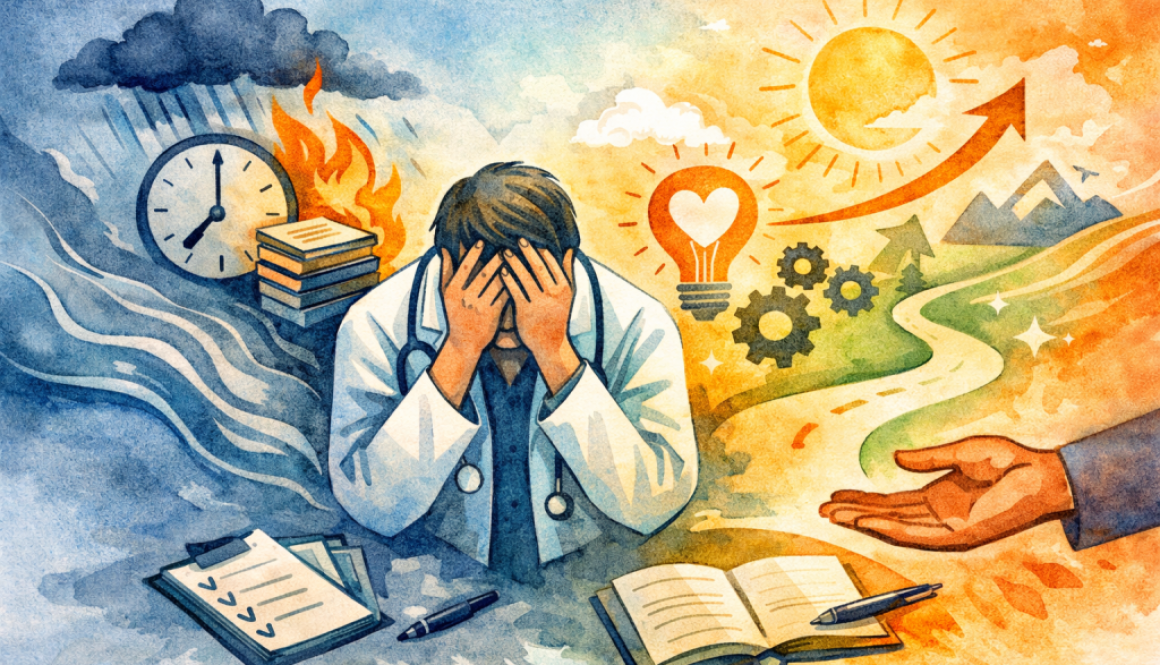 Abstract illustration of a physician experiencing burnout, transitioning from dark, chaotic imagery to warm symbols of support, growth, and renewed purpose through coaching.