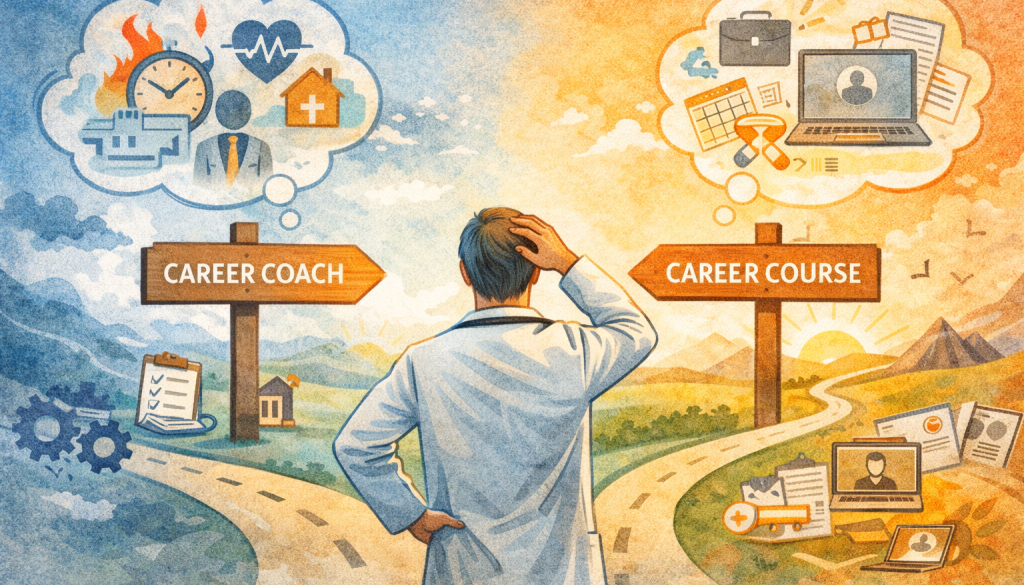 Illustration of a physician standing at a crossroads, choosing between a career coach and a nonclinical career course, symbolizing medical career transition decisions.