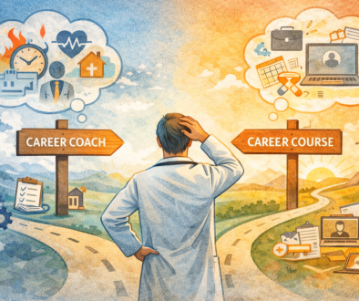 Illustration of a physician standing at a crossroads, choosing between a career coach and a nonclinical career course, symbolizing medical career transition decisions.