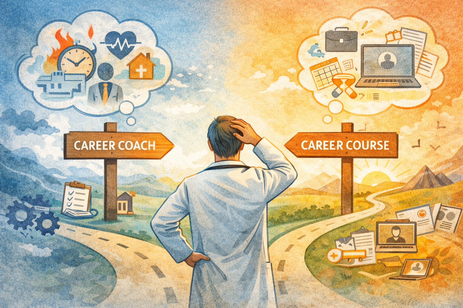 Illustration of a physician standing at a crossroads, choosing between a career coach and a nonclinical career course, symbolizing medical career transition decisions.