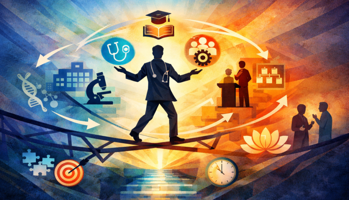 Abstract illustration of an academic physician balancing clinical care, research, teaching, and leadership roles