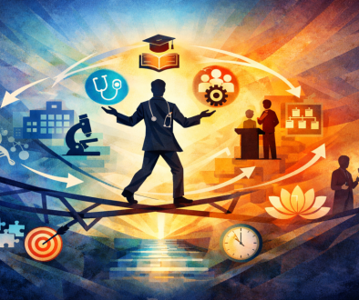 Abstract illustration of an academic physician balancing clinical care, research, teaching, and leadership roles
