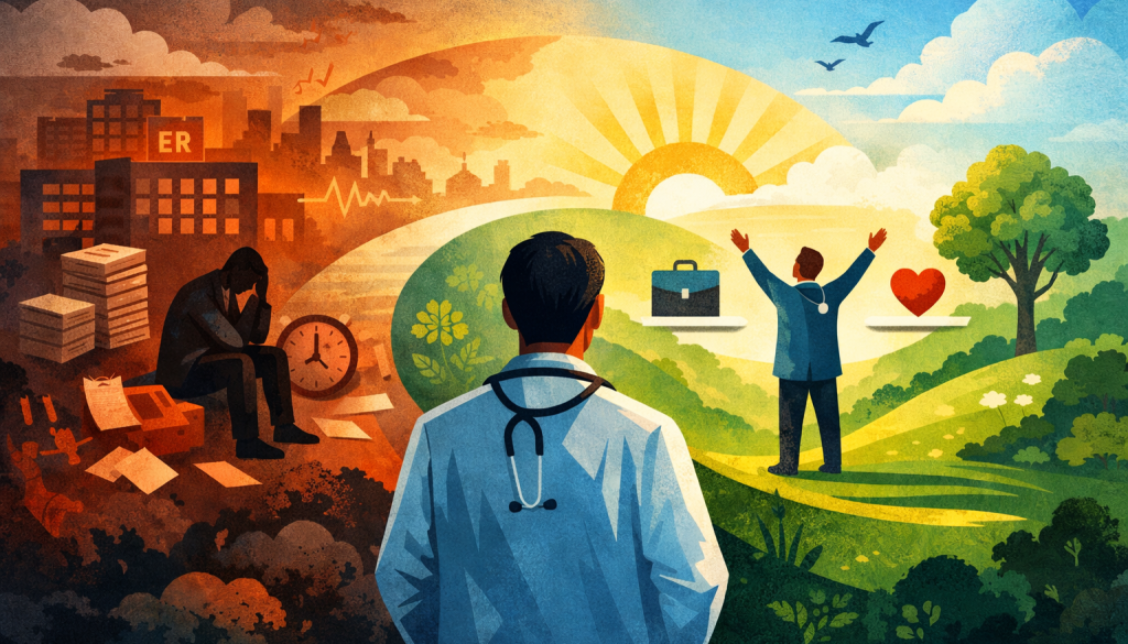 Abstract illustration showing a physician moving from burnout and overwhelm toward balance and sustainable medical practice through coaching.