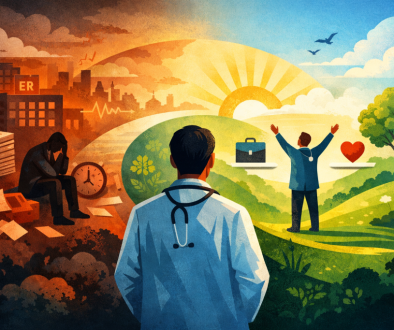 Abstract illustration showing a physician moving from burnout and overwhelm toward balance and sustainable medical practice through coaching.