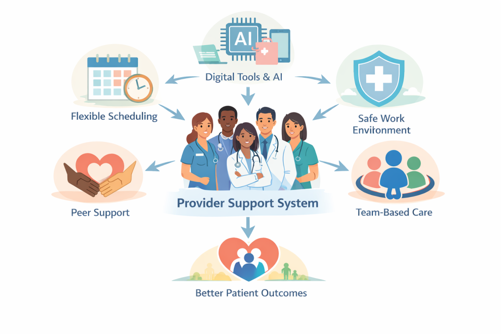 Provider burnout solutions displayed in graphic form