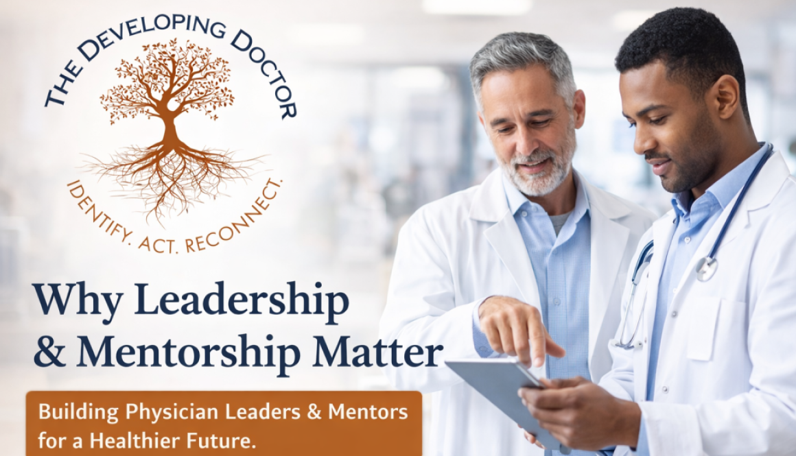 Physician mentor and mentee reviewing information together, representing leadership development and mentorship in medicine.