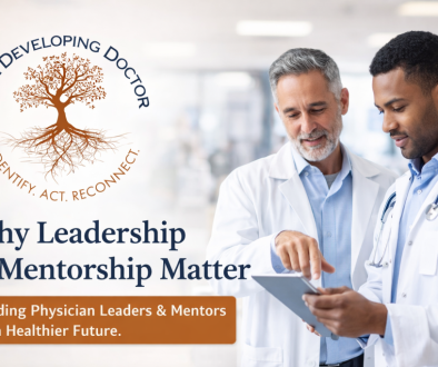 Physician mentor and mentee reviewing information together, representing leadership development and mentorship in medicine.