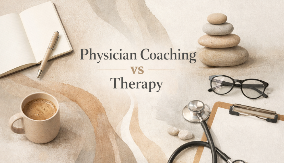 Abstract neutral-toned blog header illustrating physician coaching vs therapy with calm workspace elements and medical symbols representing clarity and support for physicians.