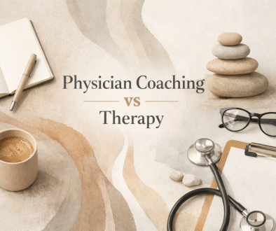 Abstract neutral-toned blog header illustrating physician coaching vs therapy with calm workspace elements and medical symbols representing clarity and support for physicians.