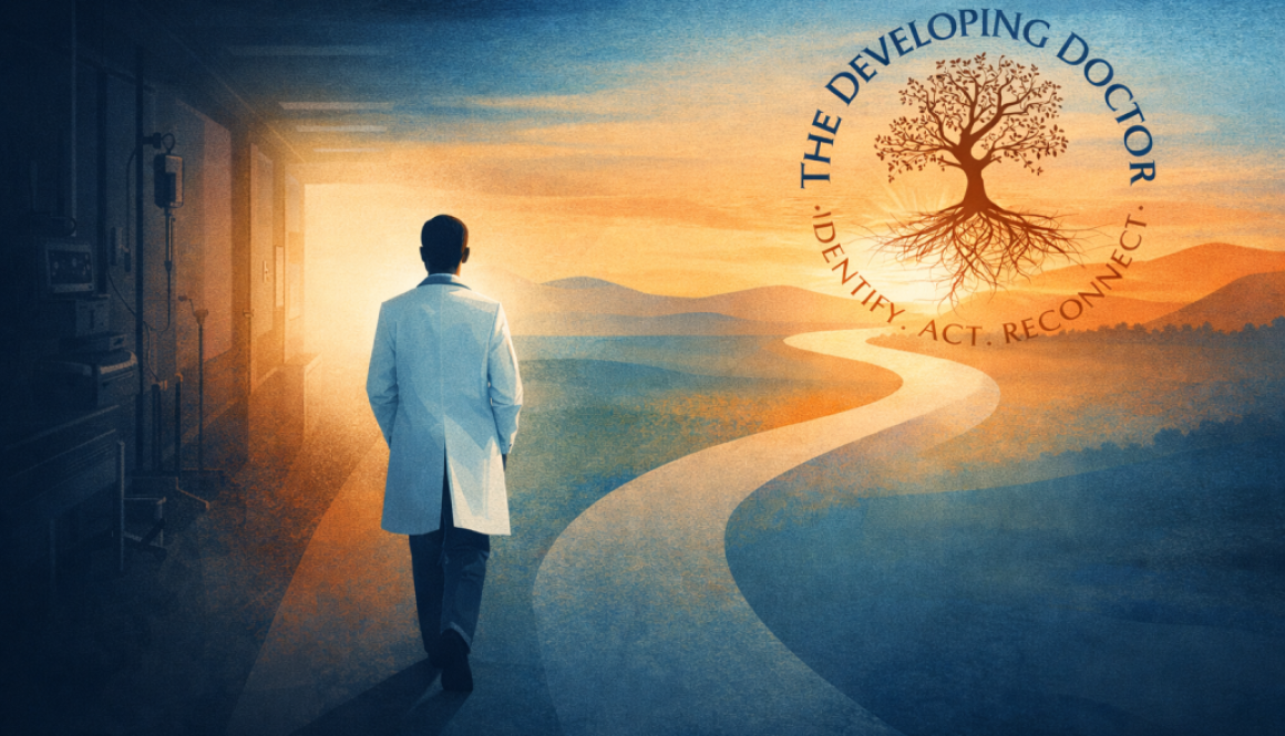 Abstract illustration of a physician walking toward light, symbolizing coaching and career transformation