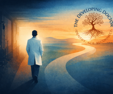 Abstract illustration of a physician walking toward light, symbolizing coaching and career transformation