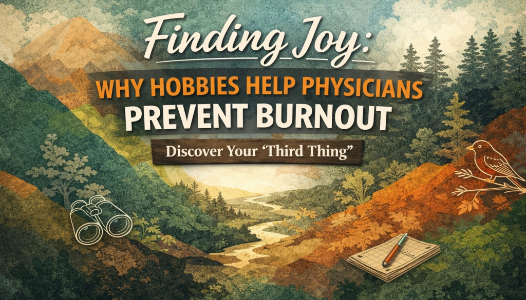 Abstract illustration representing hobbies for physicians burnout recovery and finding joy outside medicine through a “third thing”