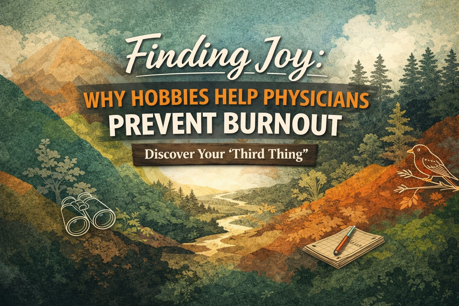 Abstract illustration representing hobbies for physicians burnout recovery and finding joy outside medicine through a “third thing”
